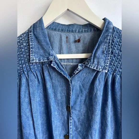 Denim Babydoll Dress Pleated Yoke Button Front Blue Size XL Cotton - Picture 4 of 13